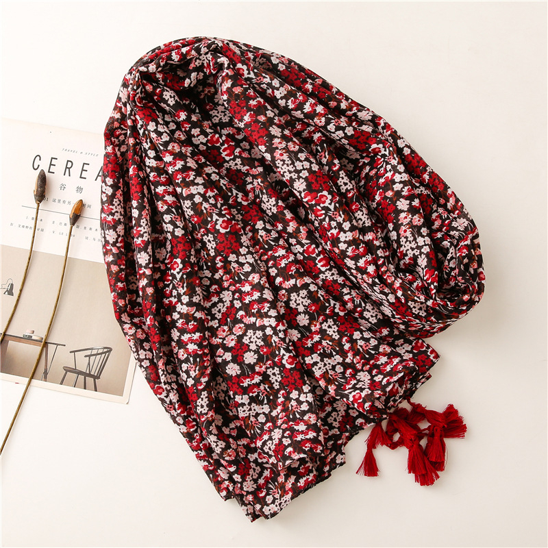 Foulard écharpe en coton et cashmere fleuri rouge