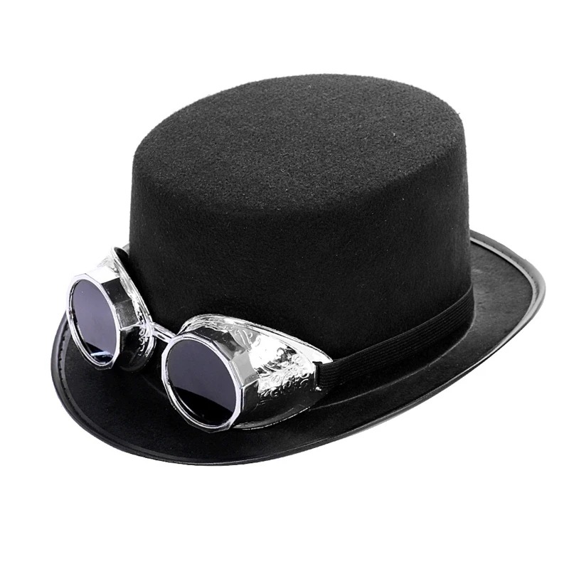 Chapeau Haut de Forme Noir Décoré de Lunettes Argentées incliné de côté et sur fond blanc