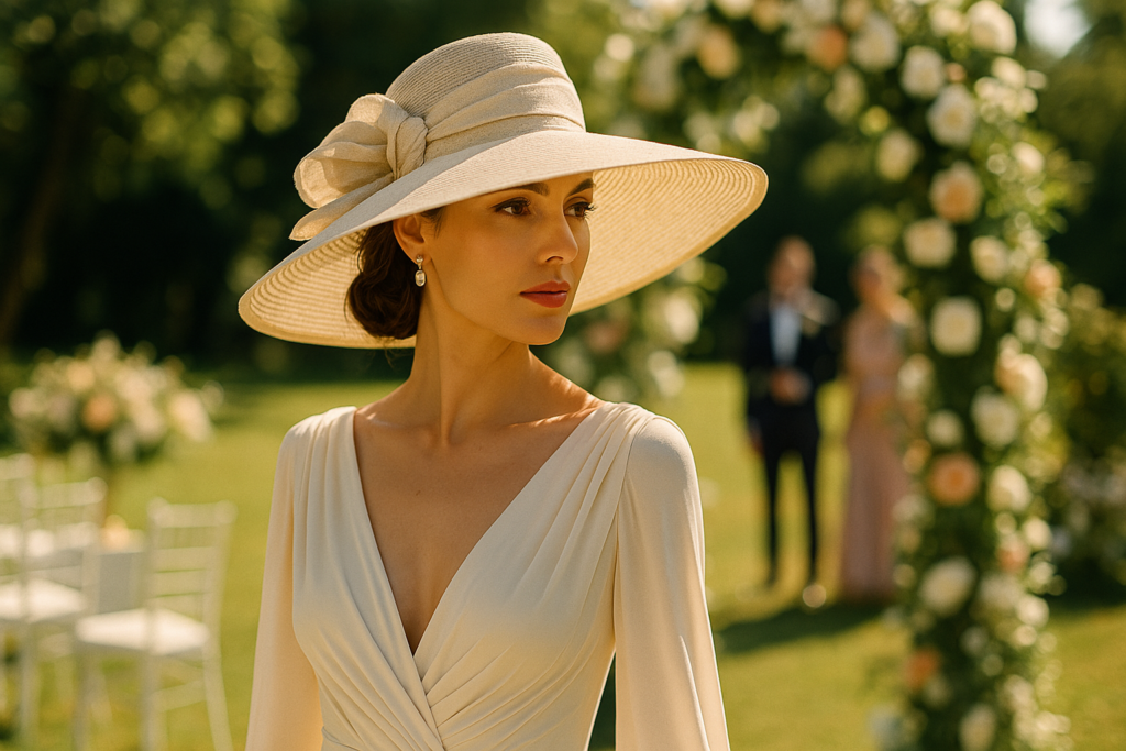 femme très élégante portant un grand chapeau beige avec noeud, une robe plissée à manches longues. Garden party pour un mariage