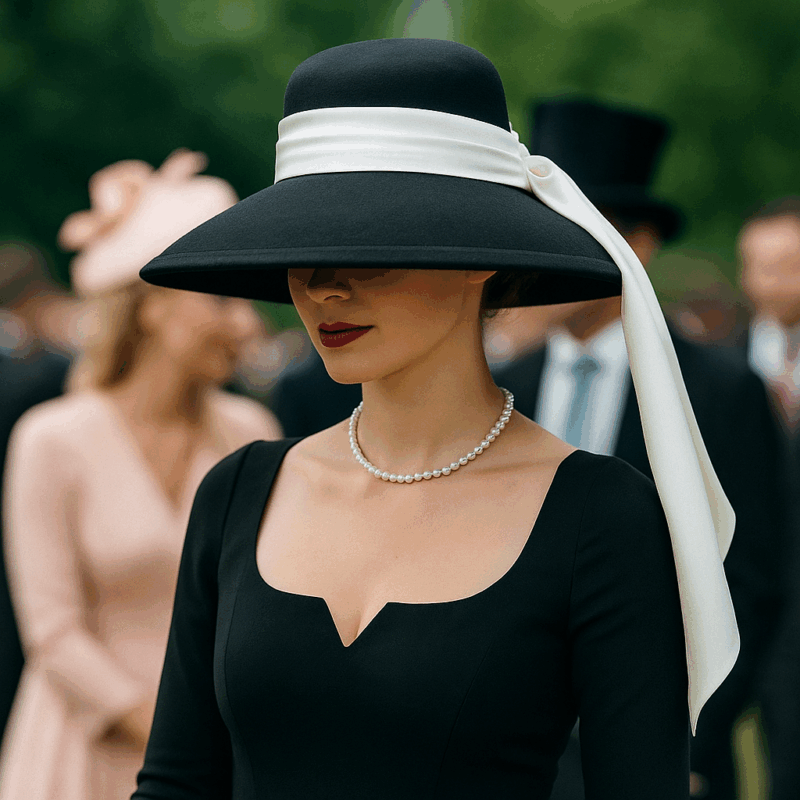 Chapeau pour mariage et cérémonie vintage à large bord noir avec ruban blanc porté par une femme élégante en robe noire, perles et coiffure sophistiquée lors d'une cérémonie
