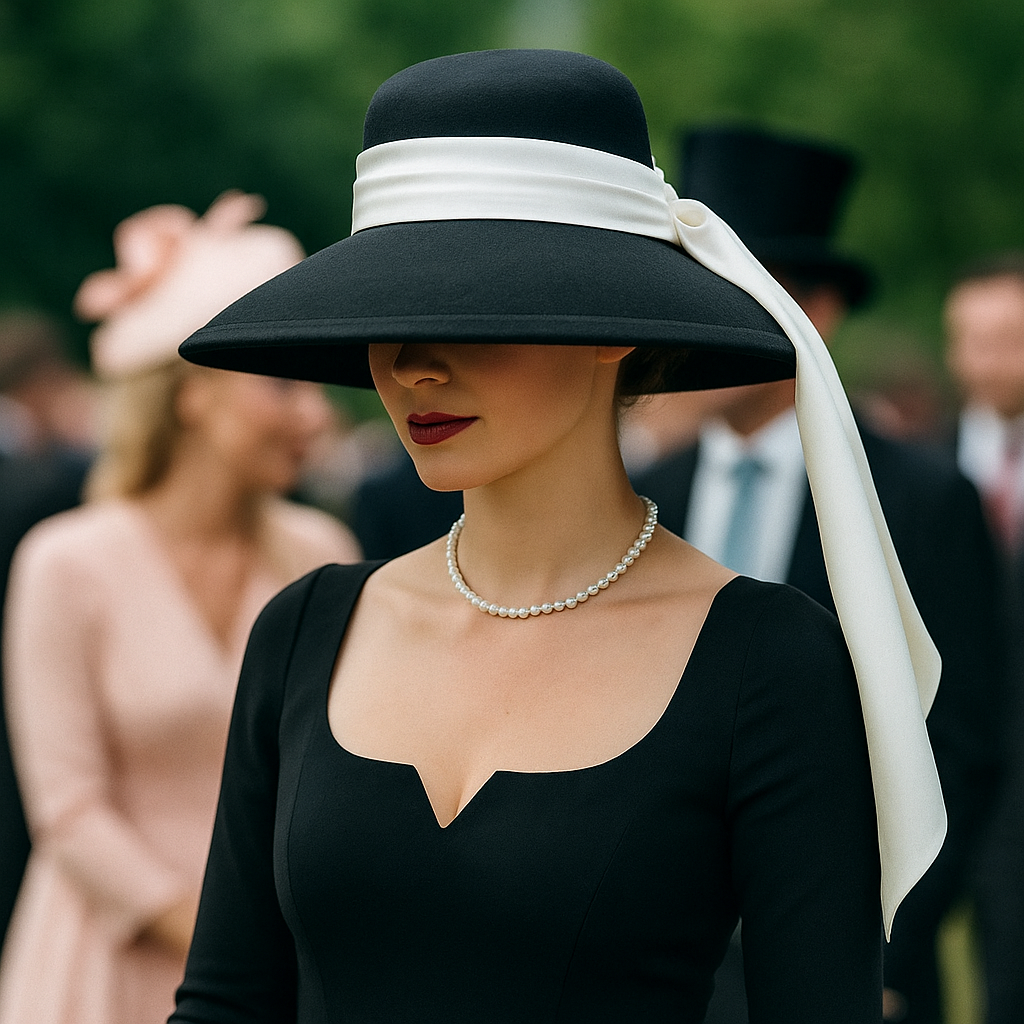Chapeau pour mariage et cérémonie vintage à large bord noir avec ruban blanc porté par une femme élégante en robe noire, perles et coiffure sophistiquée lors d'une cérémonie