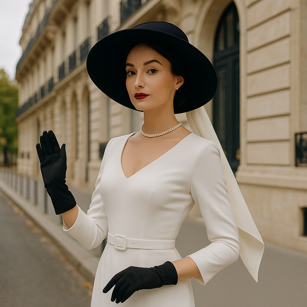 Chapeau pour mariage et cérémonie vintage à large bord noir avec ruban blanc porté par une femme élégante en robe blanche, perles et maquillage sophistiqué, gants noirs devant immeuble hausmanien