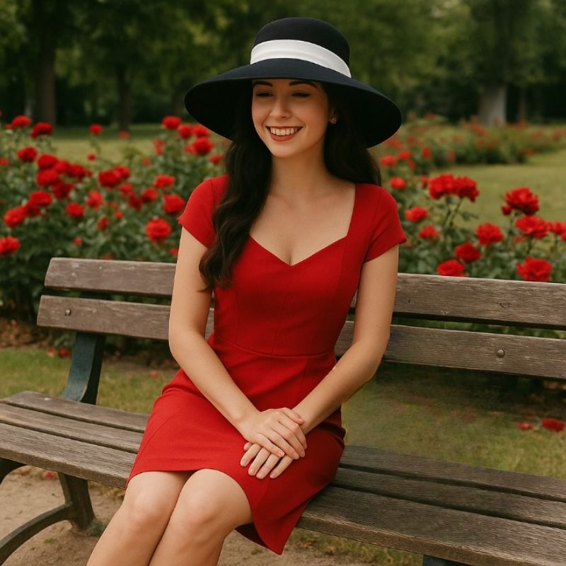 Chapeau pour mariage et cérémonie vintage à large bord noir avec ruban blanc porté par une femme élégante en robe rouge assise sur un banc dans un parc avec des roses rouges derrière