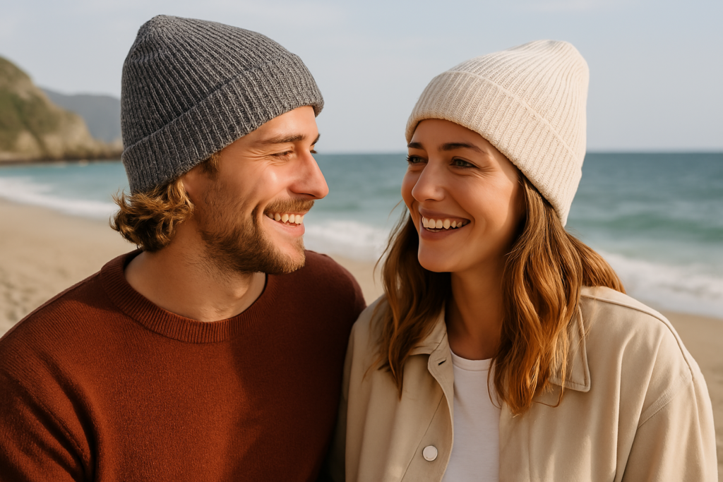 couple sur une plage avec deux bonnets légers, gris et beige