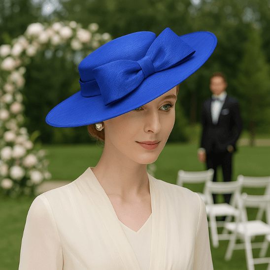 chapeau mariage femme élégant à large bord bleu royal porté par une femme dans jardin pour mariage