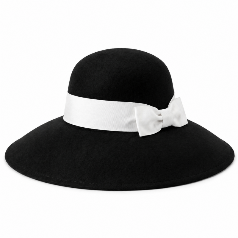 Chapeau pour Mariage et Cรฉrรฉmonie Vintage ร Large Bord Noir avec Ruban Blanc 1